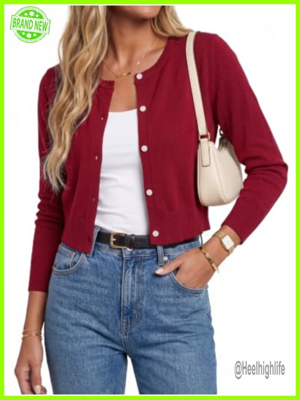 Wool Blend Cropped Crewneck Cardigan Button Front Fall Work Sweater